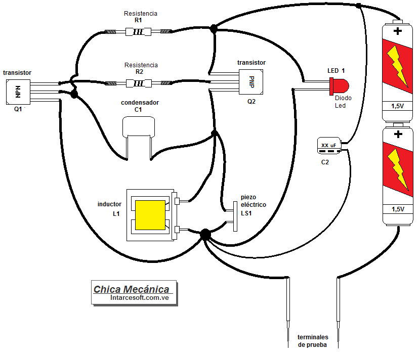 circuito con cables de probador de continuidad con sonido y luz.